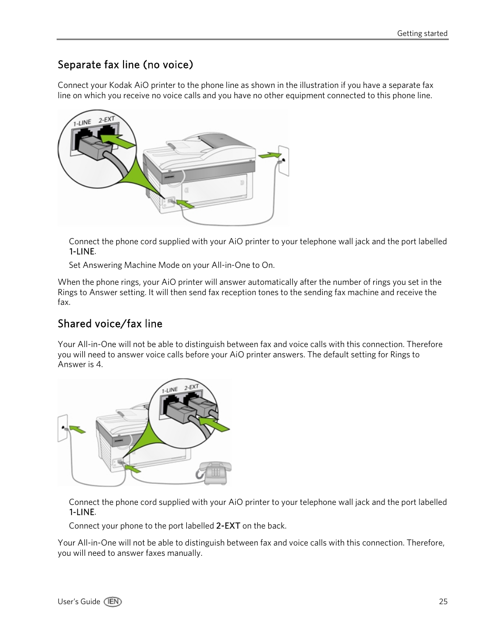 Separate fax line (no voice), Shared voice/fax line | Kodak EasyShare 5500 User Manual | Page 29 / 122