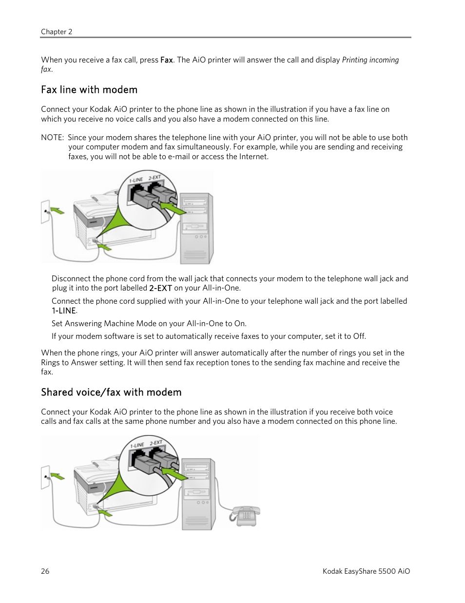 Fax line with modem, Shared voice/fax with modem | Kodak EasyShare 5500 User Manual | Page 30 / 122