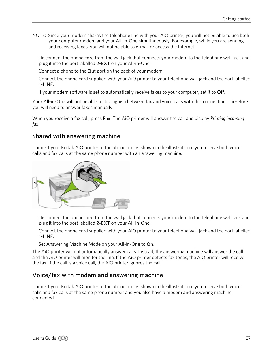 Shared with answering machine, Voice/fax with modem and answering machine | Kodak EasyShare 5500 User Manual | Page 31 / 122