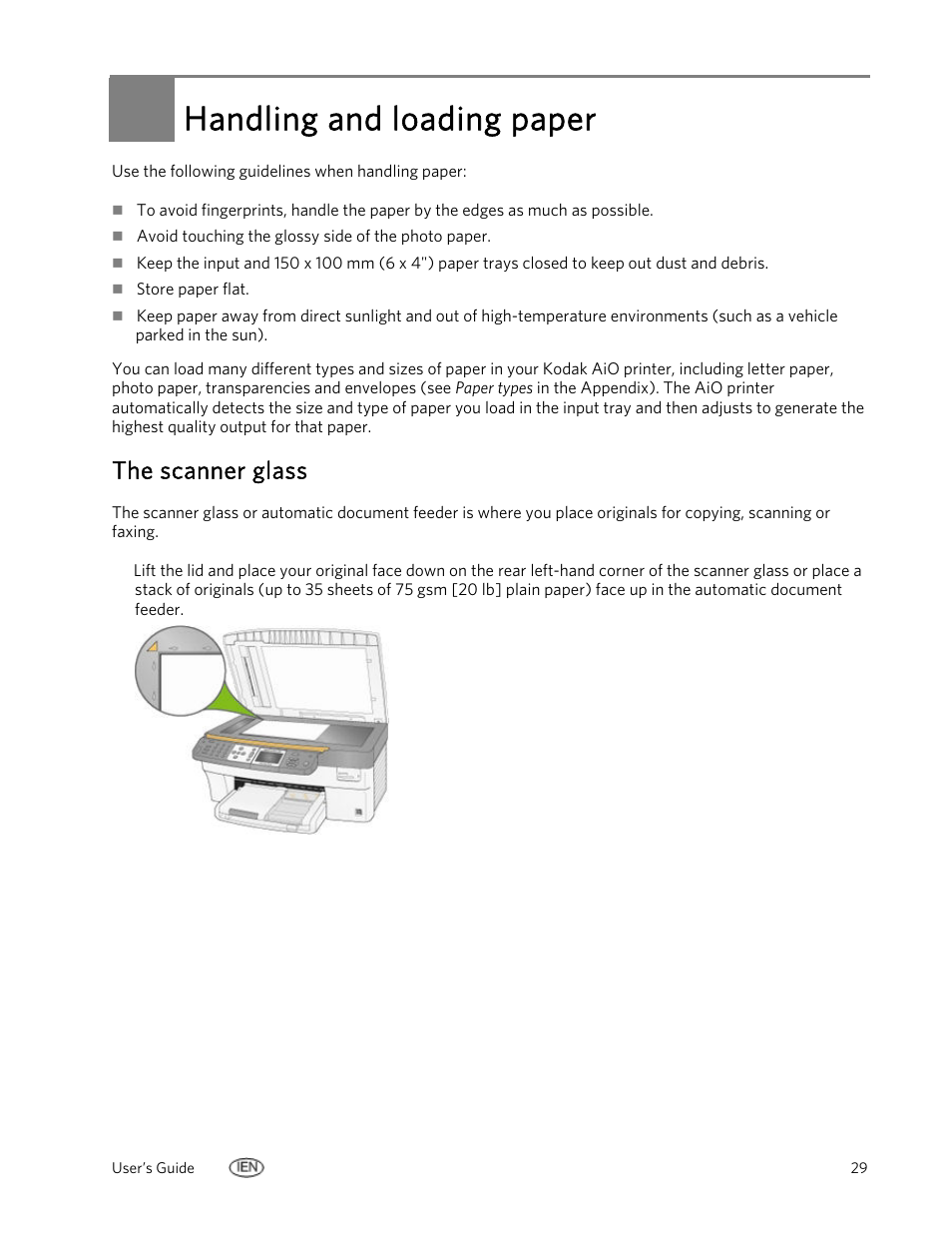 Handling and loading paper, The scanner glass | Kodak EasyShare 5500 User Manual | Page 33 / 122