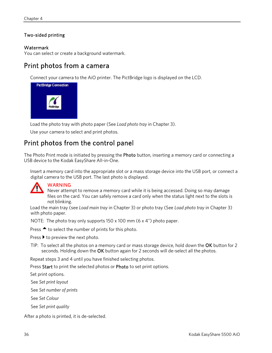 Print photos from a camera, Print photos from the control panel | Kodak EasyShare 5500 User Manual | Page 40 / 122