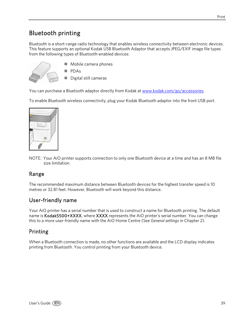 Bluetooth printing, Range, User-friendly name | Printing | Kodak EasyShare 5500 User Manual | Page 43 / 122