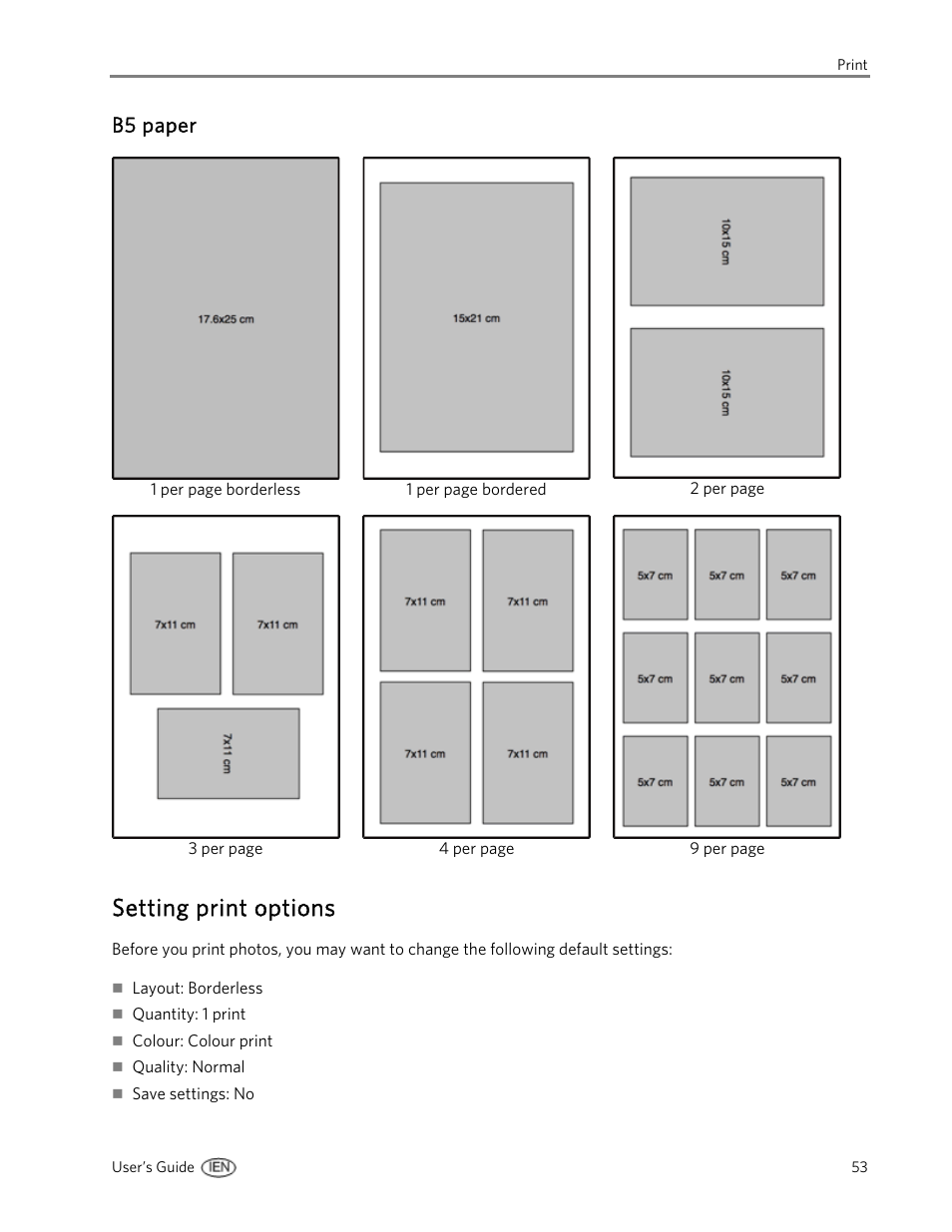 B5 paper, Setting print options | Kodak EasyShare 5500 User Manual | Page 57 / 122