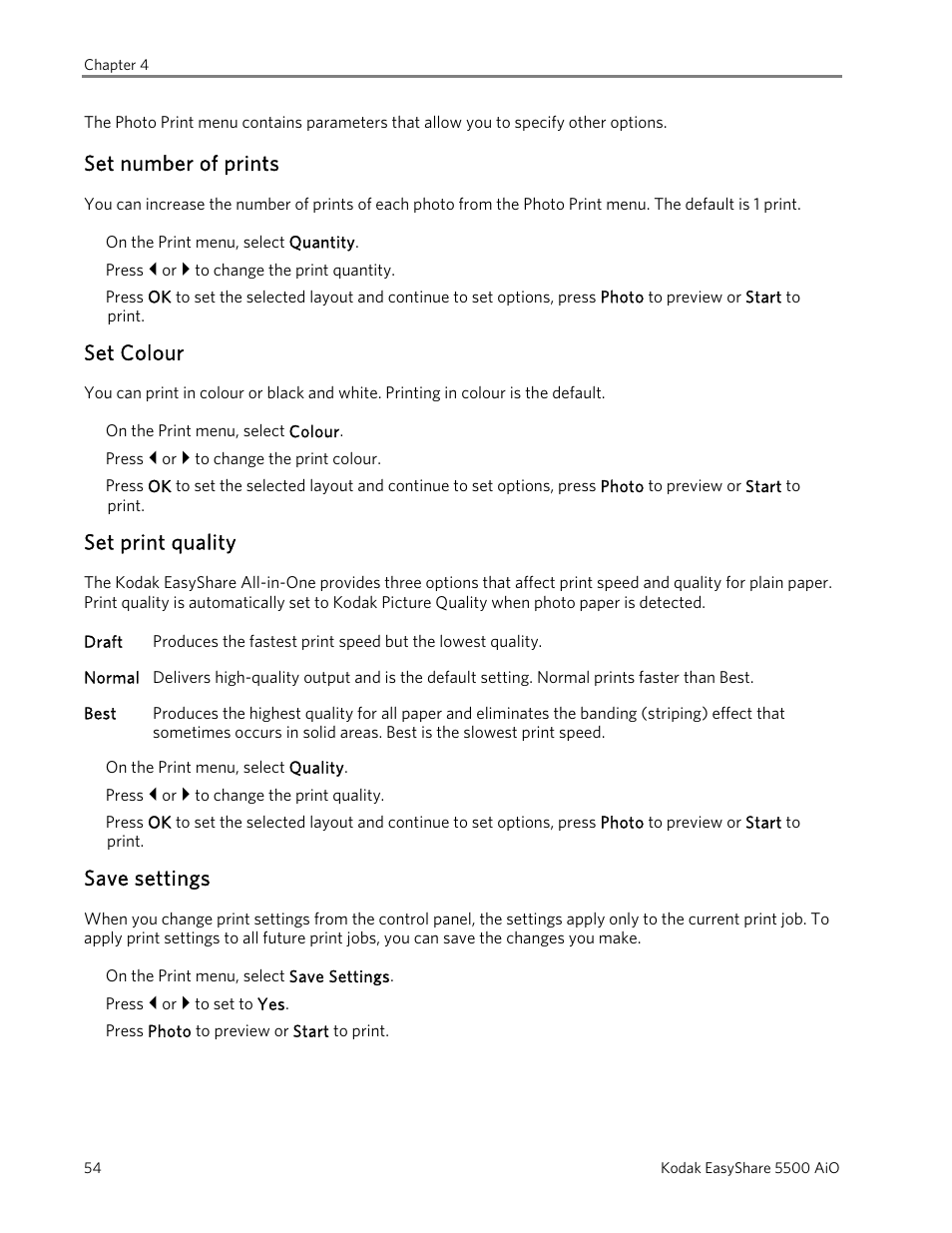 Set number of prints, Set colour, Set print quality | Save settings | Kodak EasyShare 5500 User Manual | Page 58 / 122