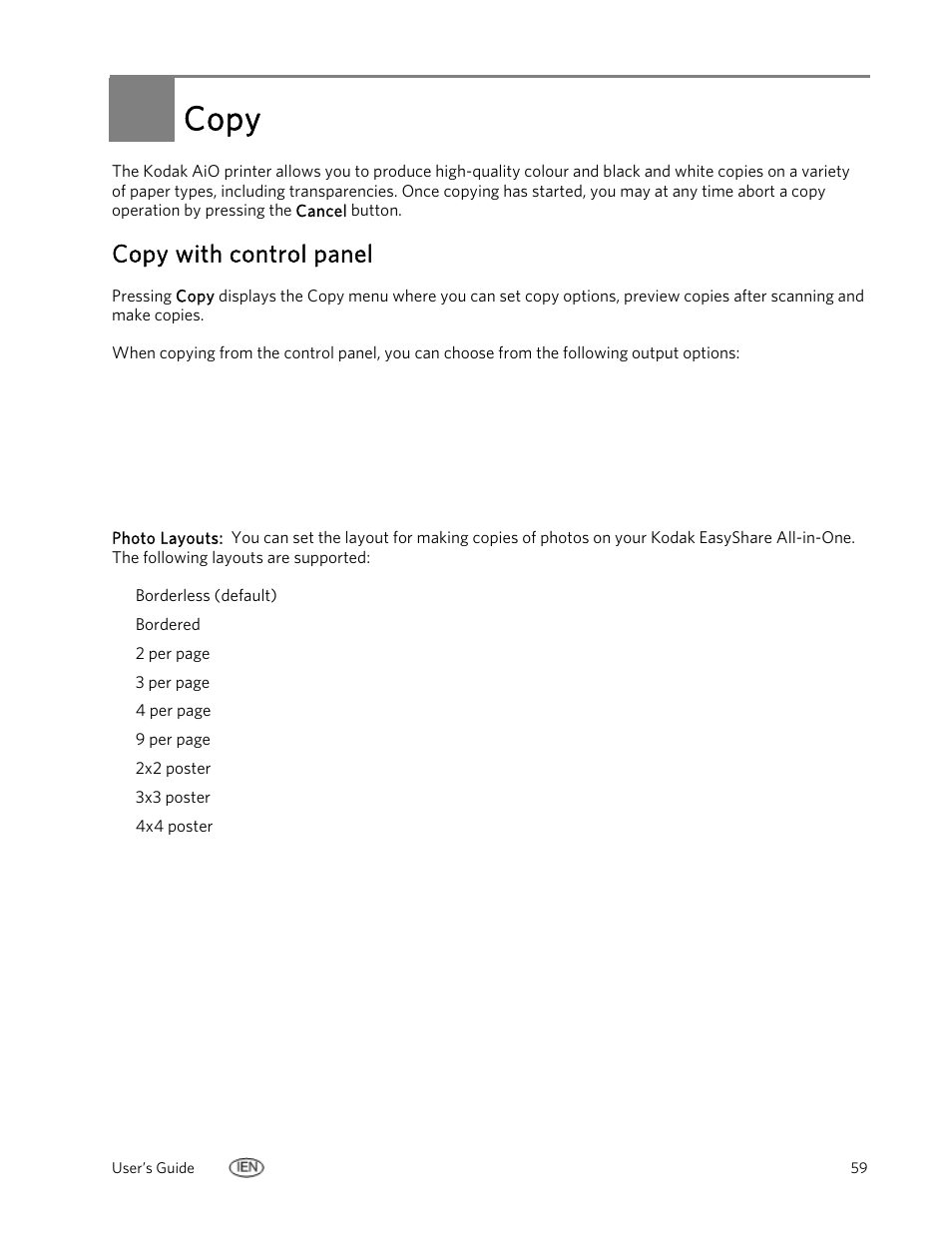 Copy, Copy with control panel | Kodak EasyShare 5500 User Manual | Page 63 / 122