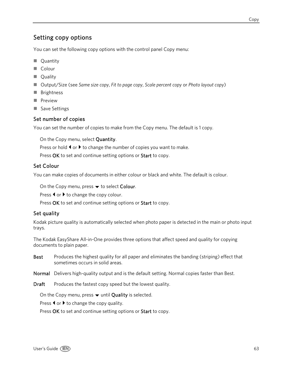 Setting copy options, Set number of copies, Set colour | Set quality | Kodak EasyShare 5500 User Manual | Page 67 / 122