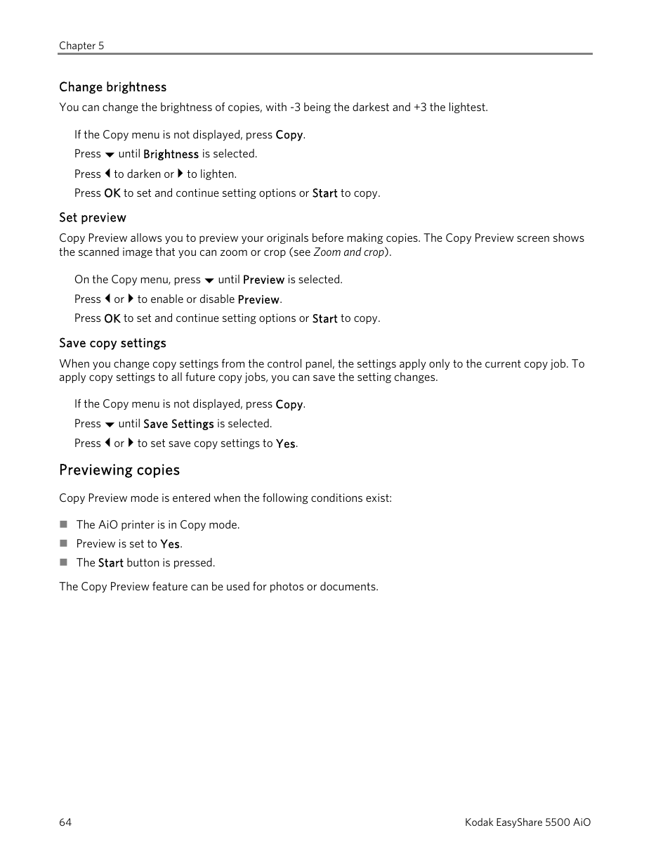 Change brightness, Set preview, Save copy settings | Previewing copies | Kodak EasyShare 5500 User Manual | Page 68 / 122