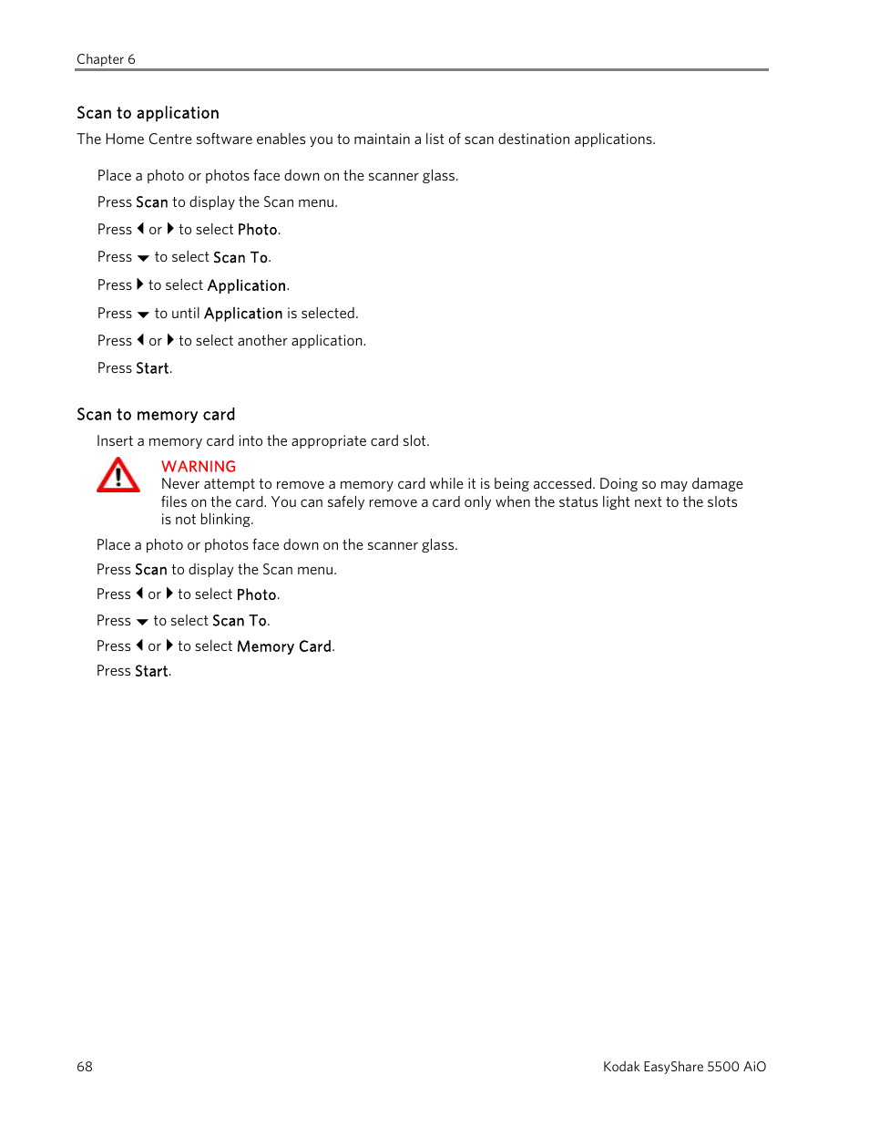 Scan to application, Scan to memory card | Kodak EasyShare 5500 User Manual | Page 72 / 122