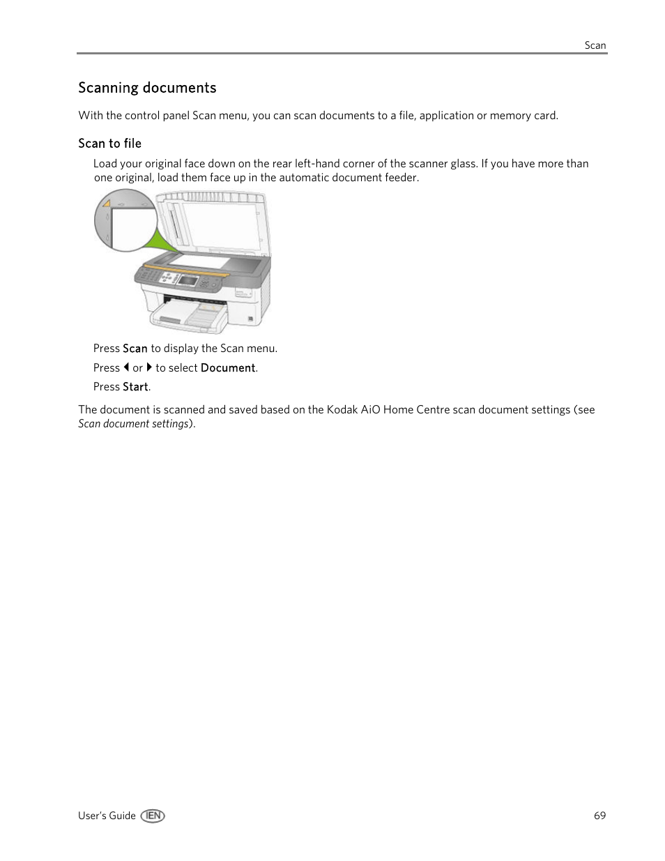 Scanning documents, Scan to file | Kodak EasyShare 5500 User Manual | Page 73 / 122