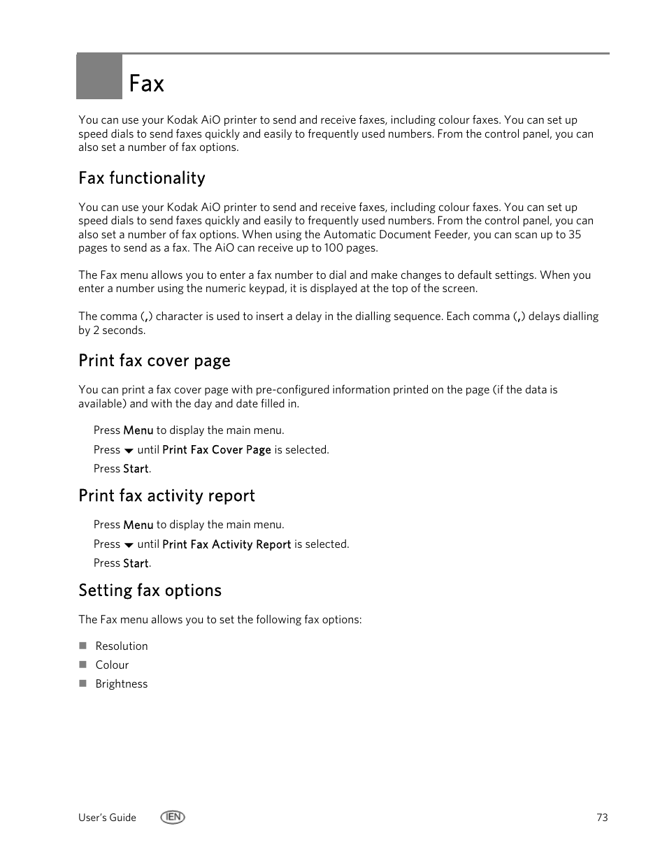 Fax functionality, Print fax activity report, Setting fax options | Print fax cover page | Kodak EasyShare 5500 User Manual | Page 77 / 122