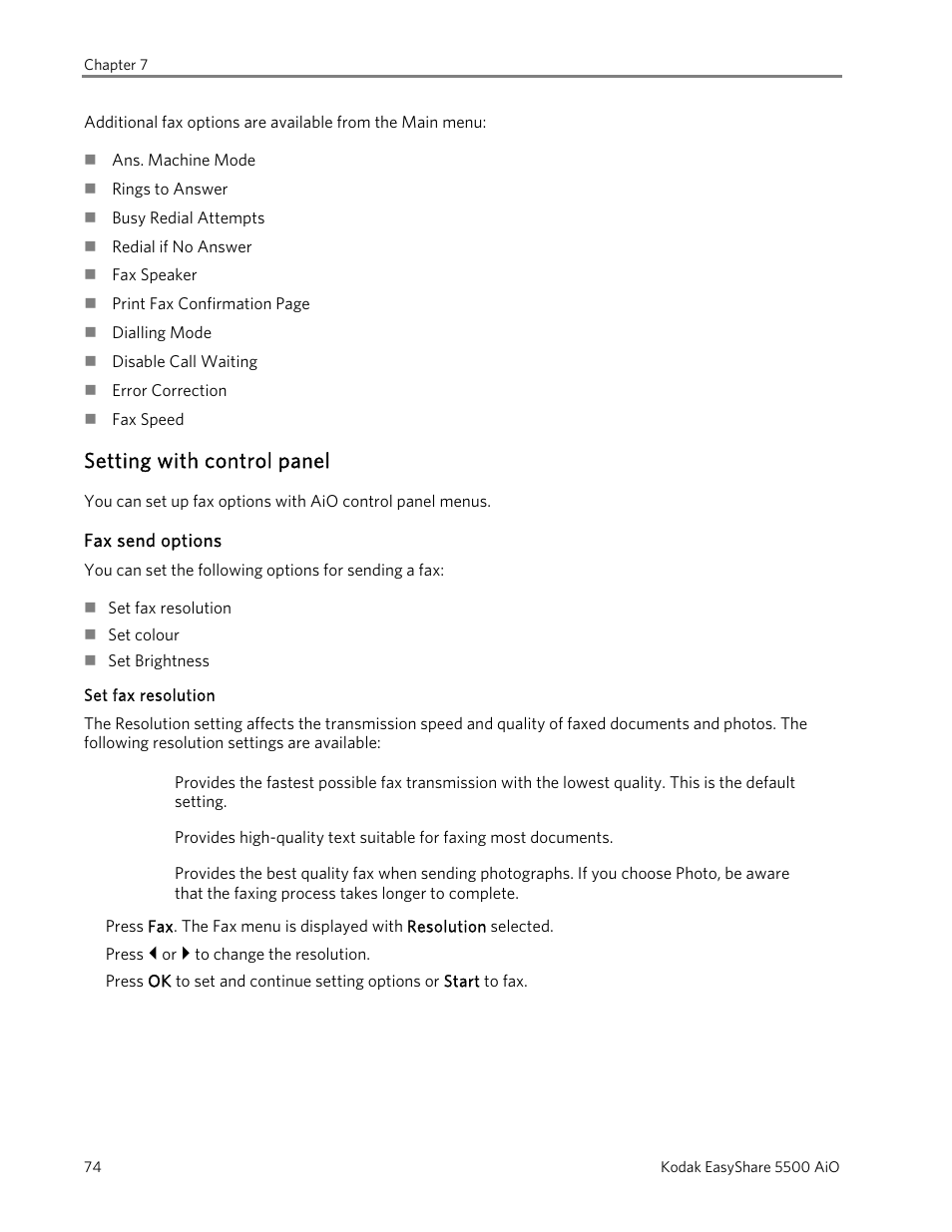 Setting with control panel, Fax send options, Set fax resolution | Kodak EasyShare 5500 User Manual | Page 78 / 122