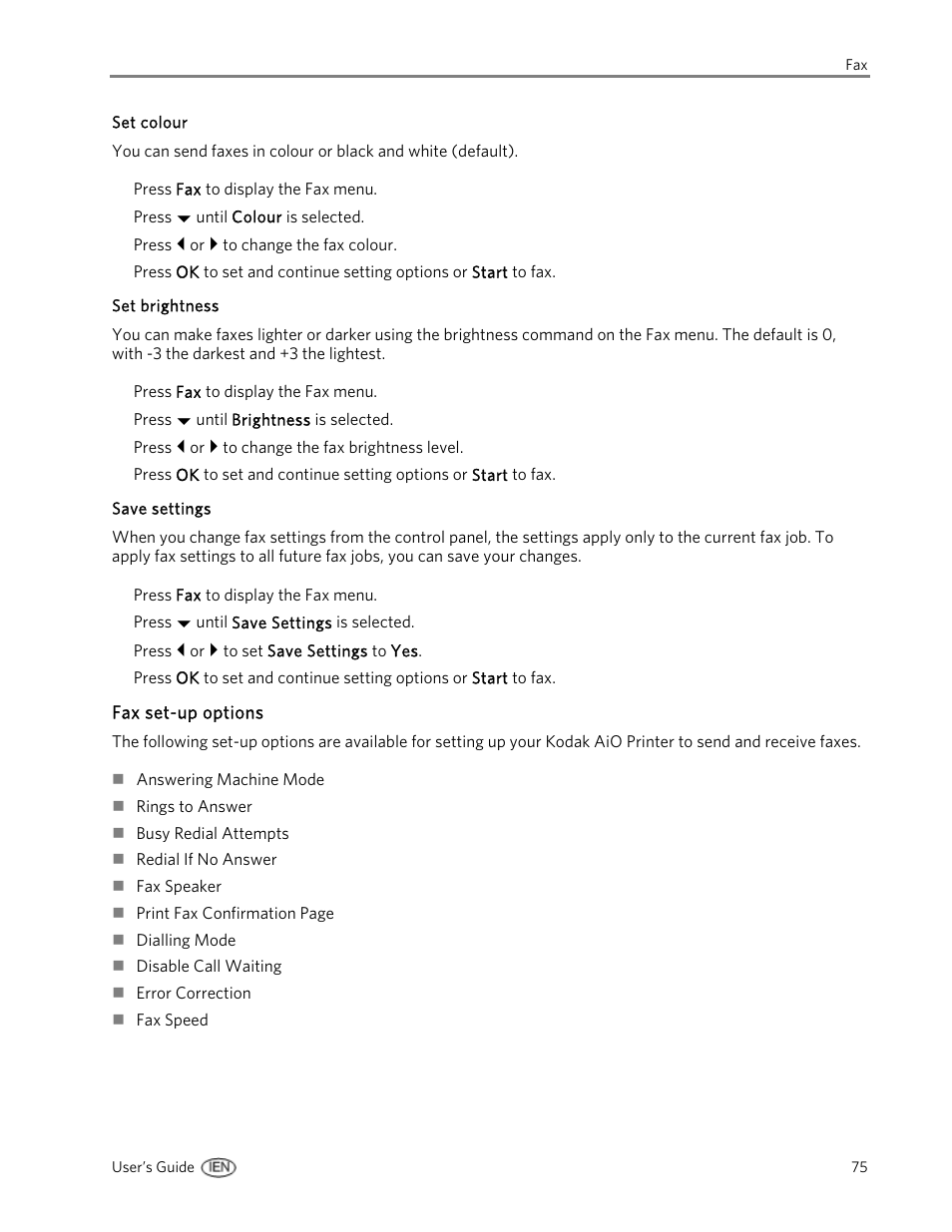 Set colour, Set brightness, Save settings | Fax set-up options | Kodak EasyShare 5500 User Manual | Page 79 / 122