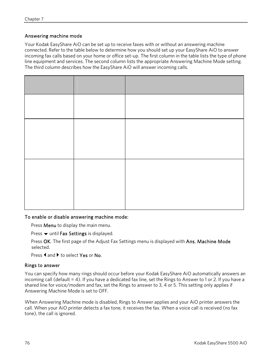 Answering machine mode, Rings to answer | Kodak EasyShare 5500 User Manual | Page 80 / 122