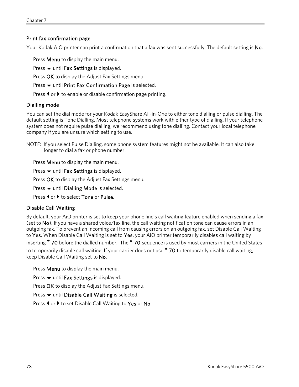 Dialling mode, Disable call waiting | Kodak EasyShare 5500 User Manual | Page 82 / 122