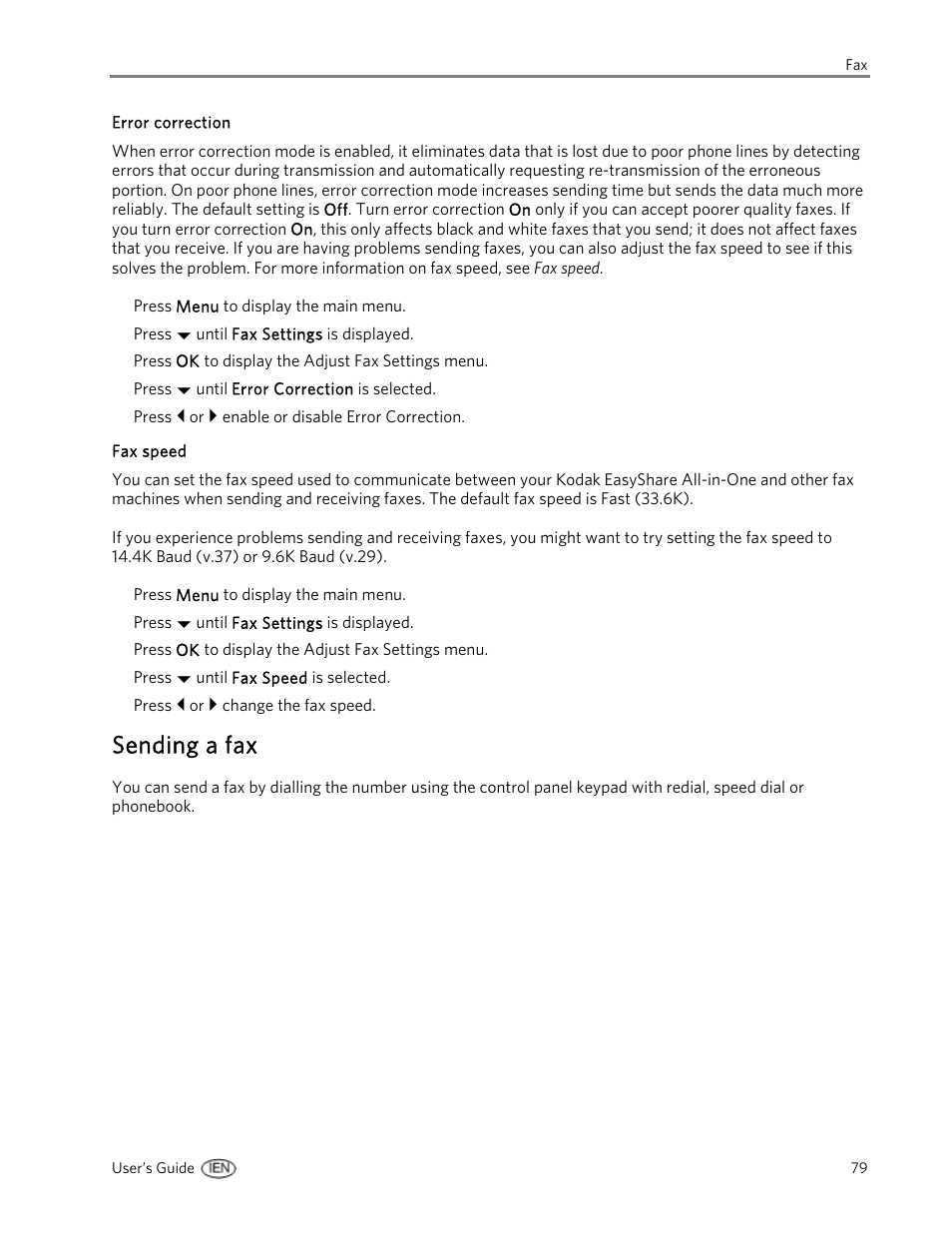 Error correction, Fax speed, Sending a fax | Kodak EasyShare 5500 User Manual | Page 83 / 122