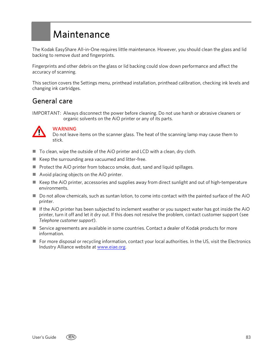 Maintenance, General care | Kodak EasyShare 5500 User Manual | Page 87 / 122