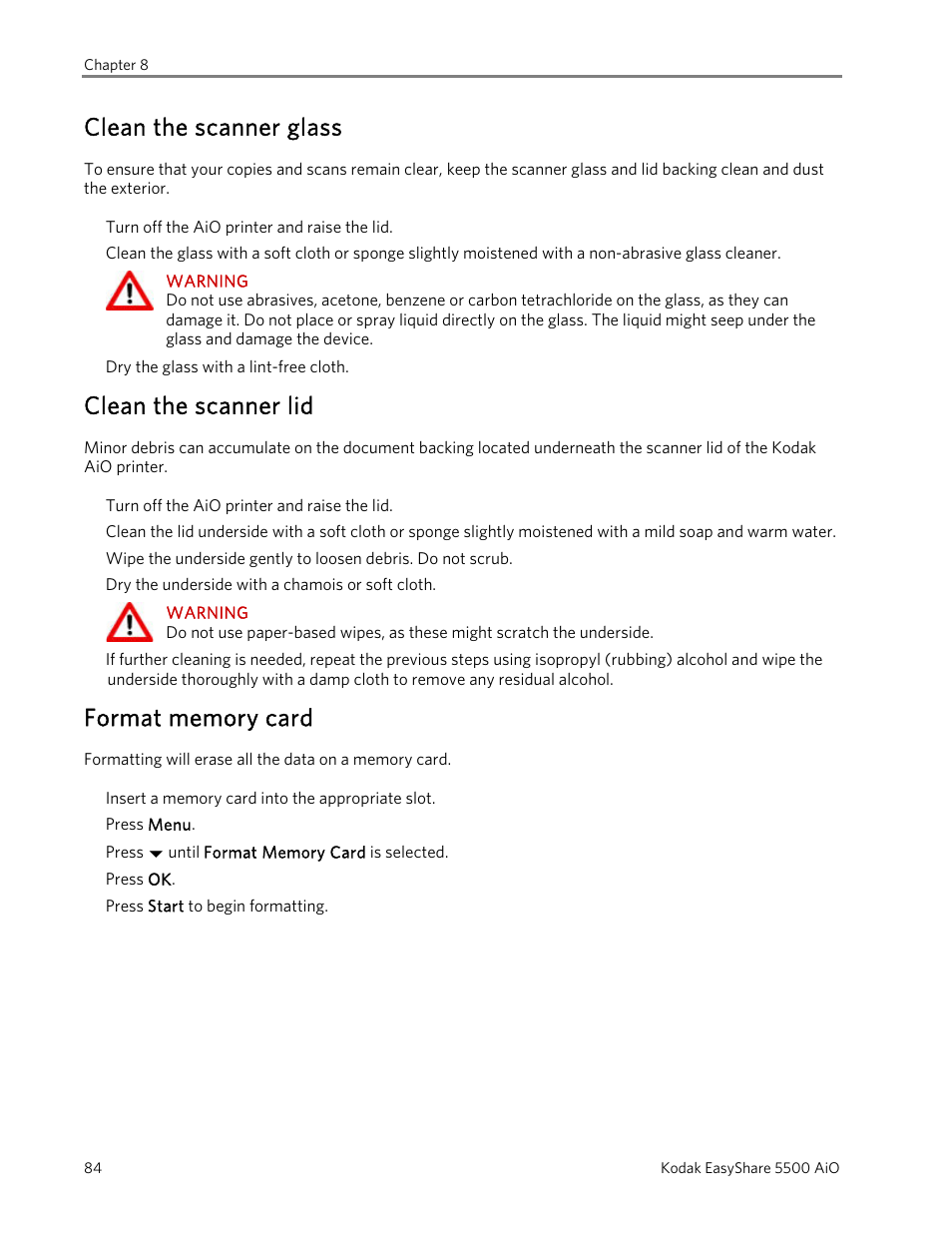 Clean the scanner glass, Clean the scanner lid, Format memory card | Kodak EasyShare 5500 User Manual | Page 88 / 122