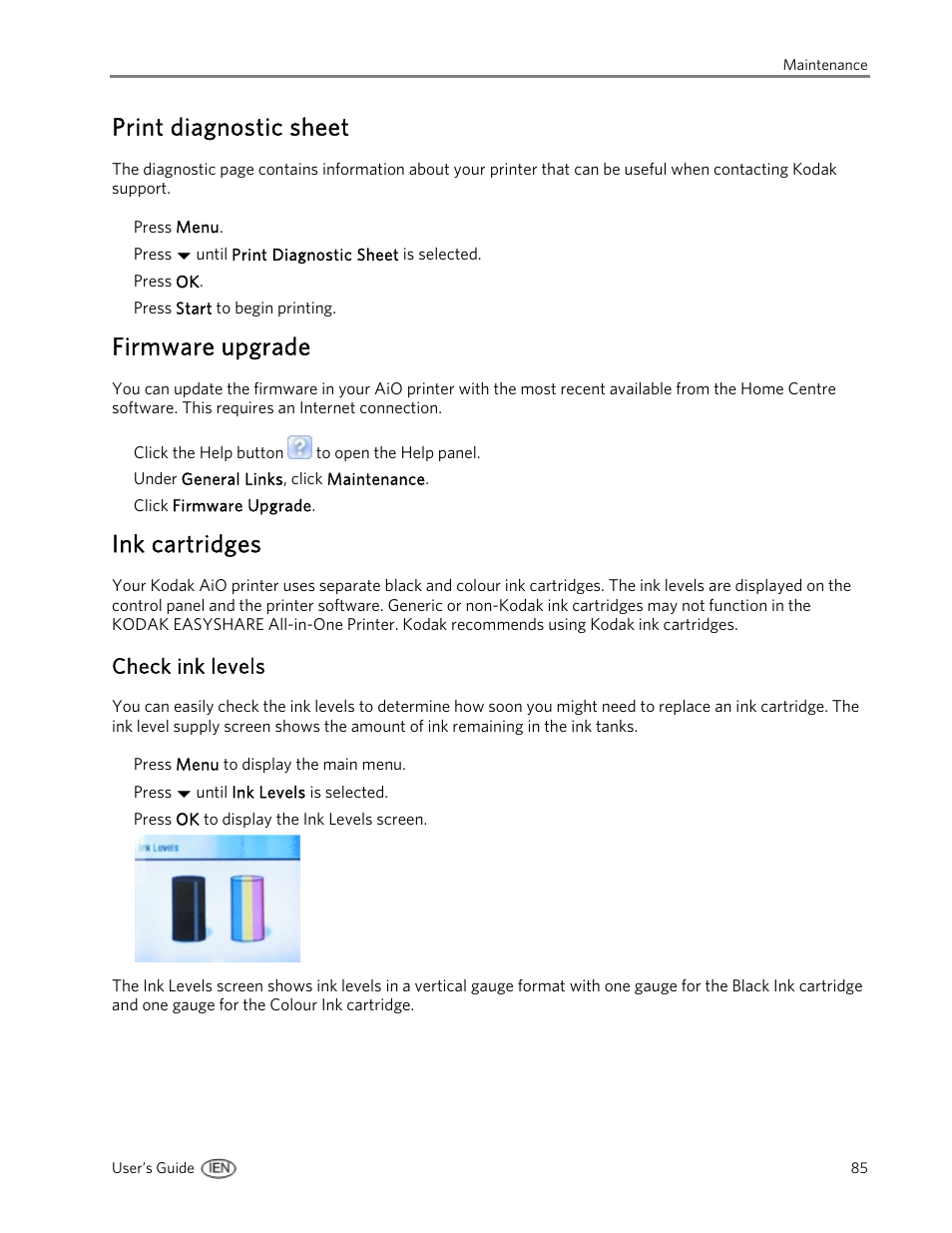 Print diagnostic sheet, Firmware upgrade, Ink cartridges | Check ink levels | Kodak EasyShare 5500 User Manual | Page 89 / 122