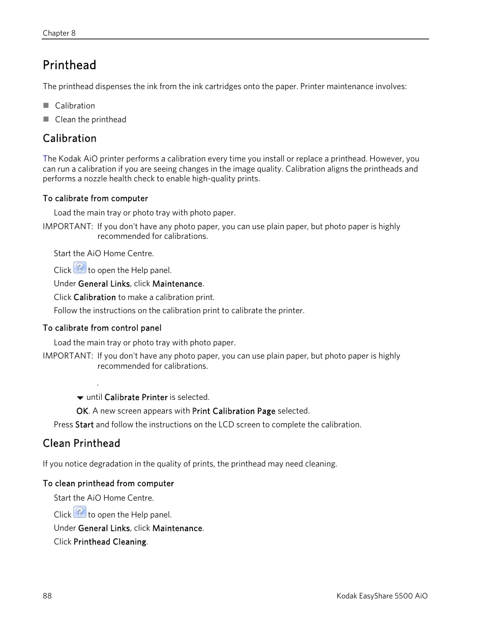 Printhead, Calibration, Clean printhead | Kodak EasyShare 5500 User Manual | Page 92 / 122