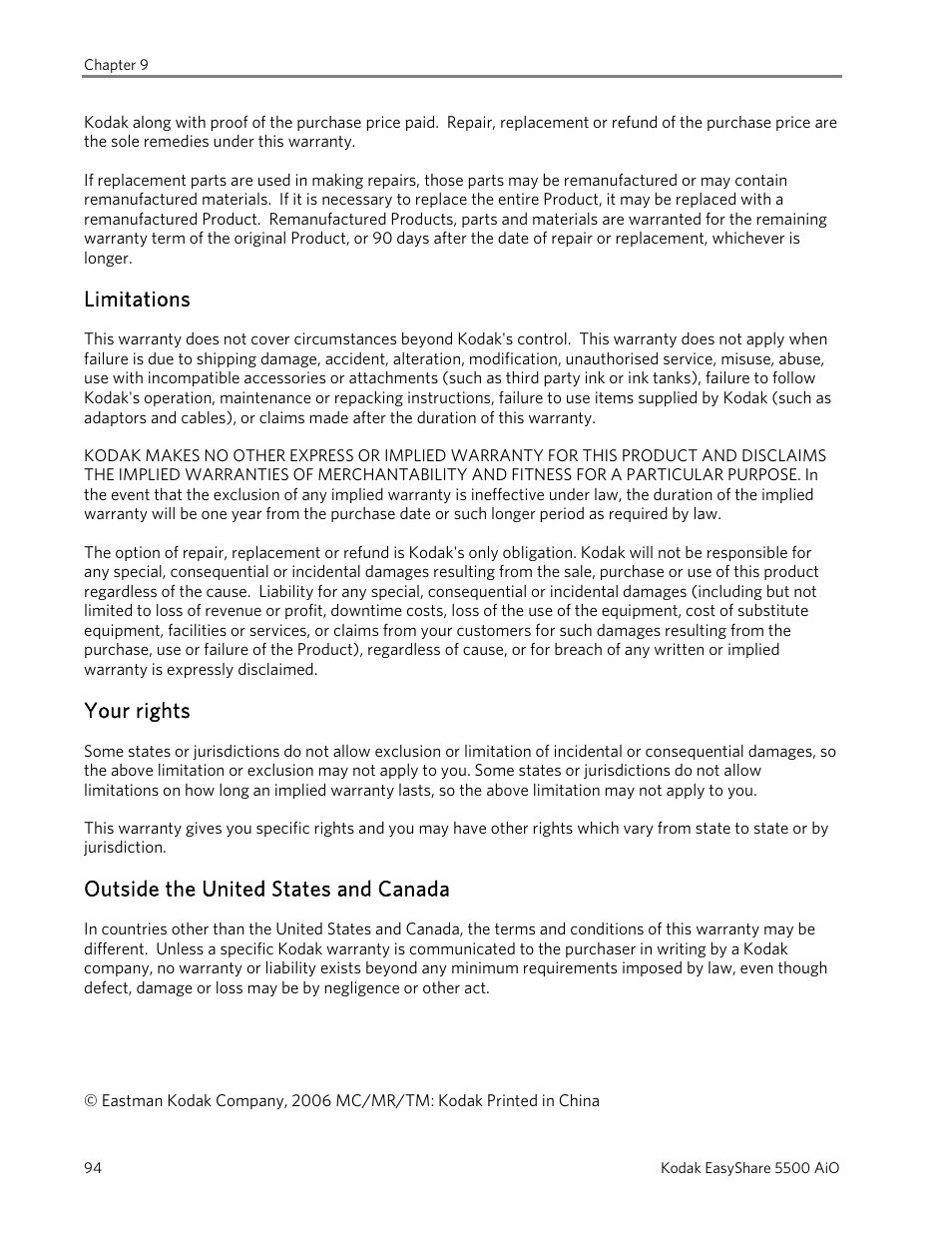 Limitations, Your rights, Outside the united states and canada | Kodak EasyShare 5500 User Manual | Page 98 / 122