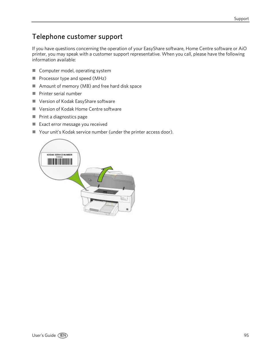 Telephone customer support | Kodak EasyShare 5500 User Manual | Page 99 / 122