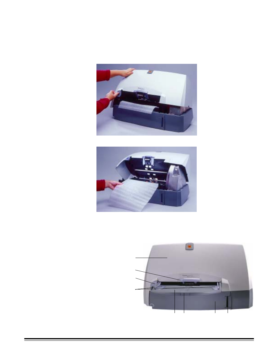 Removing the foam sheet, Scanner components, Front | Kodak i250 User Manual | Page 14 / 68