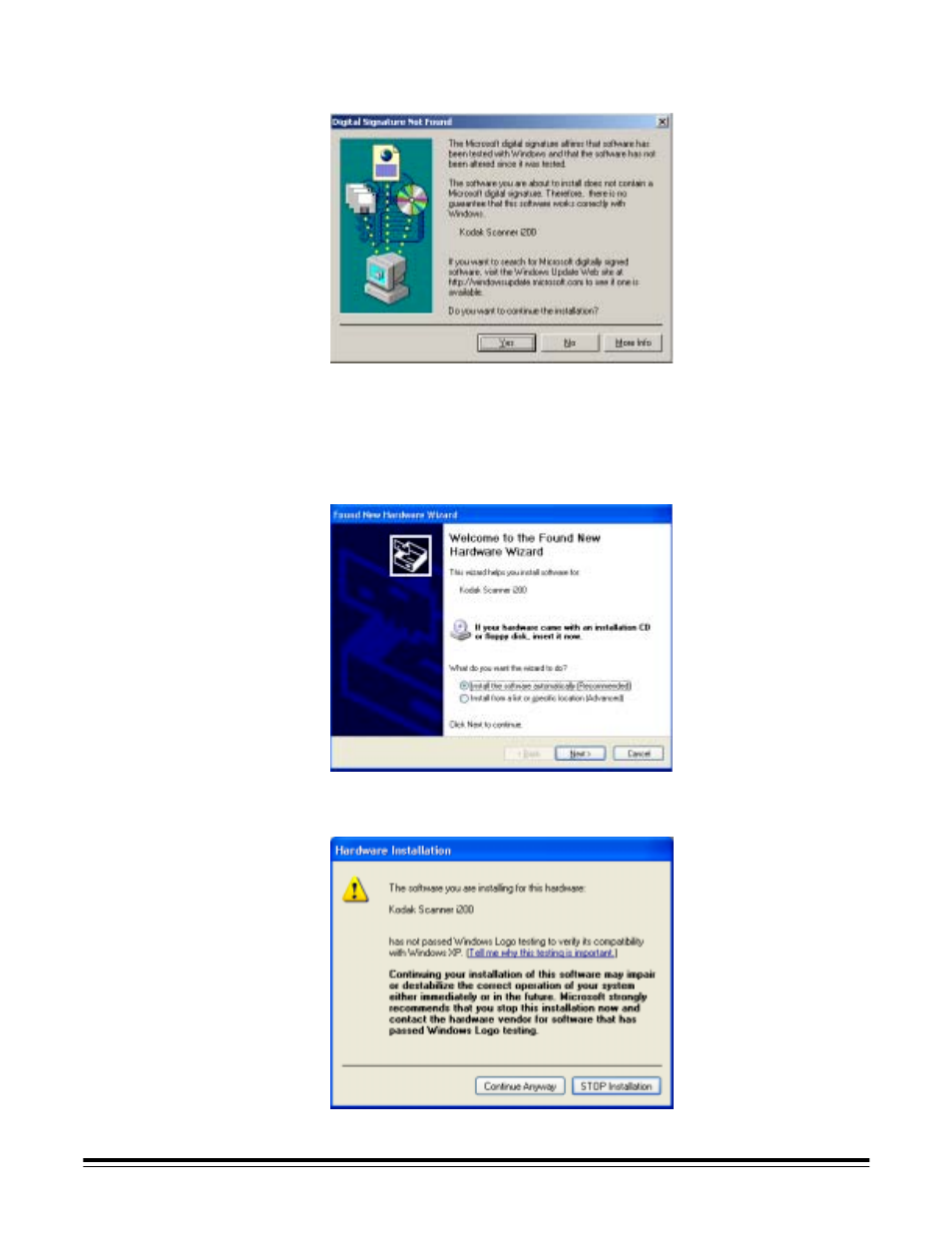 If installing on a computer running windows 2000, If installing on a computer running windows xp | Kodak i250 User Manual | Page 18 / 68