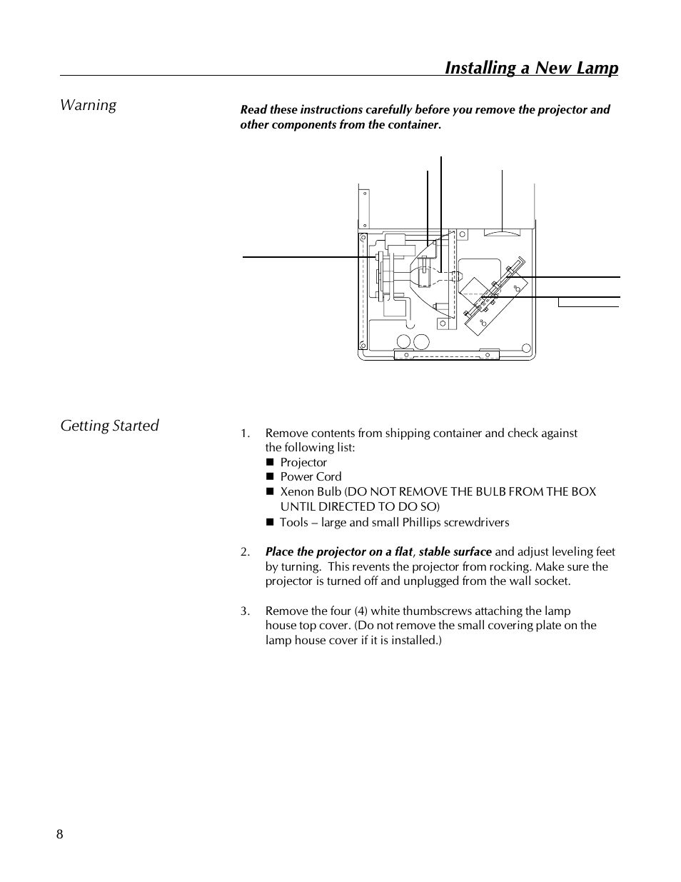 Installing a new lamp, Warning ∆∆∆∆∆ getting started | Kodak 560 User Manual | Page 10 / 42