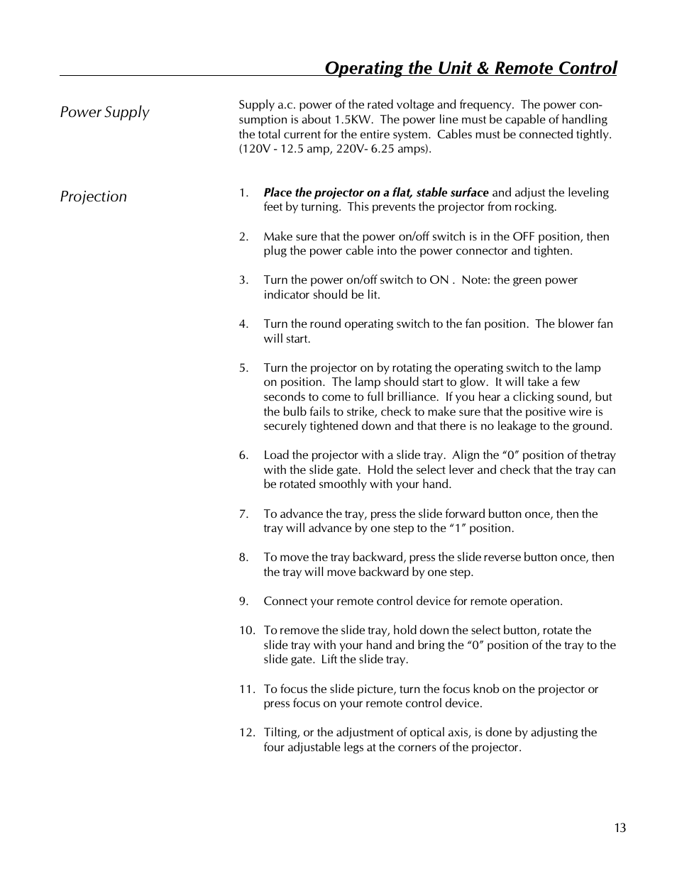 Operating the unit & remote control, Power supply, Projection | Kodak 560 User Manual | Page 15 / 42
