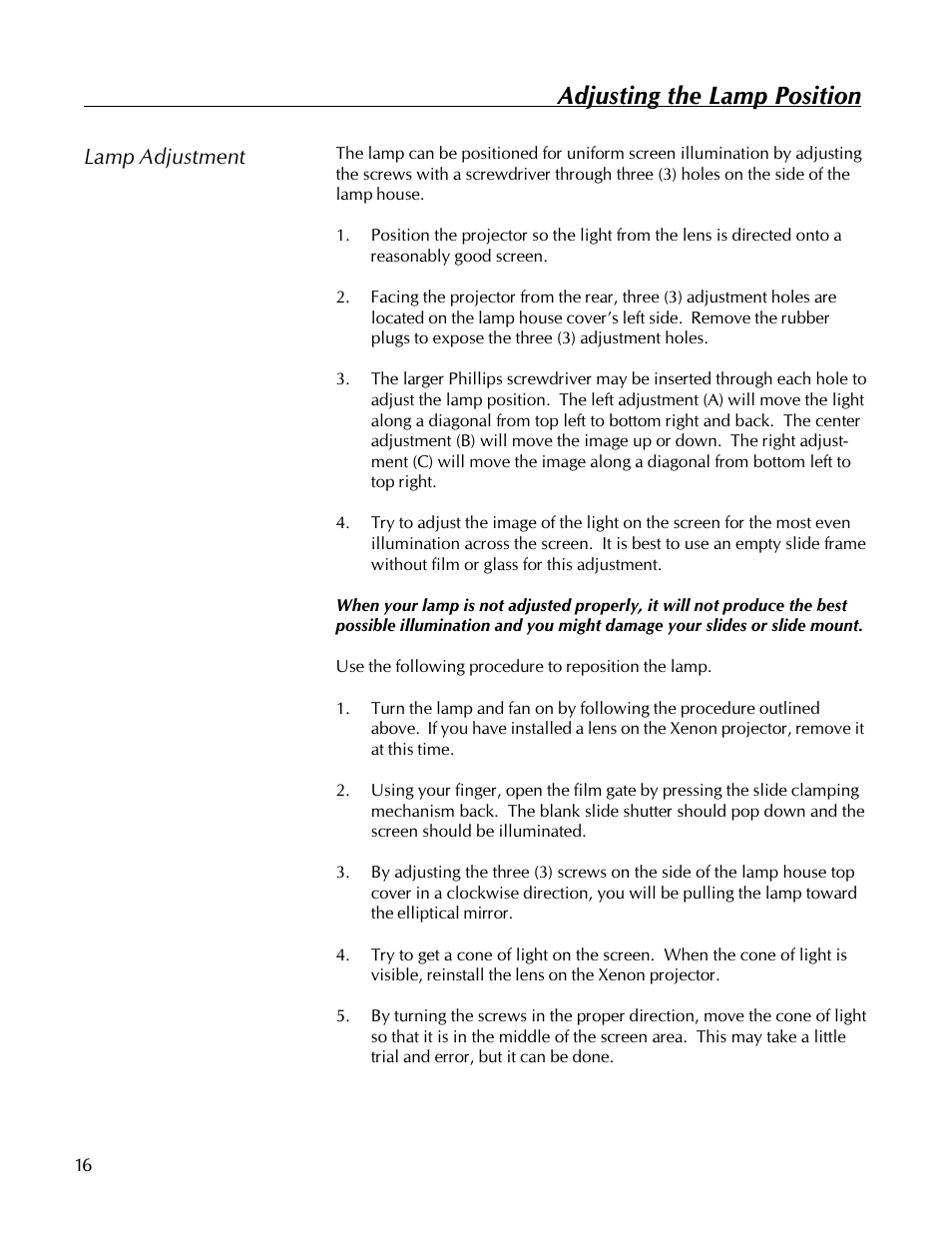 Adjusting the lamp position, Lamp adjustment | Kodak 560 User Manual | Page 18 / 42