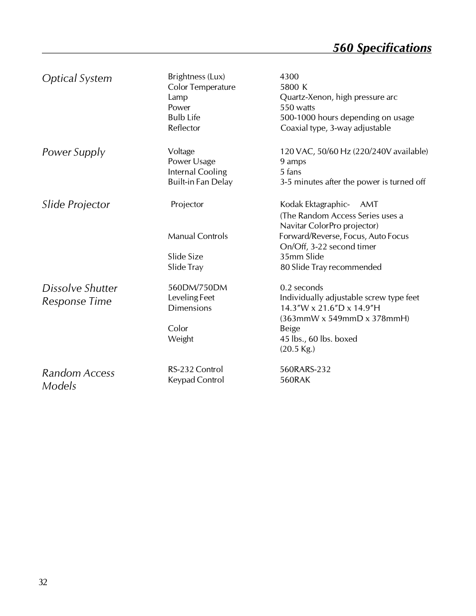 560 specifications | Kodak 560 User Manual | Page 34 / 42