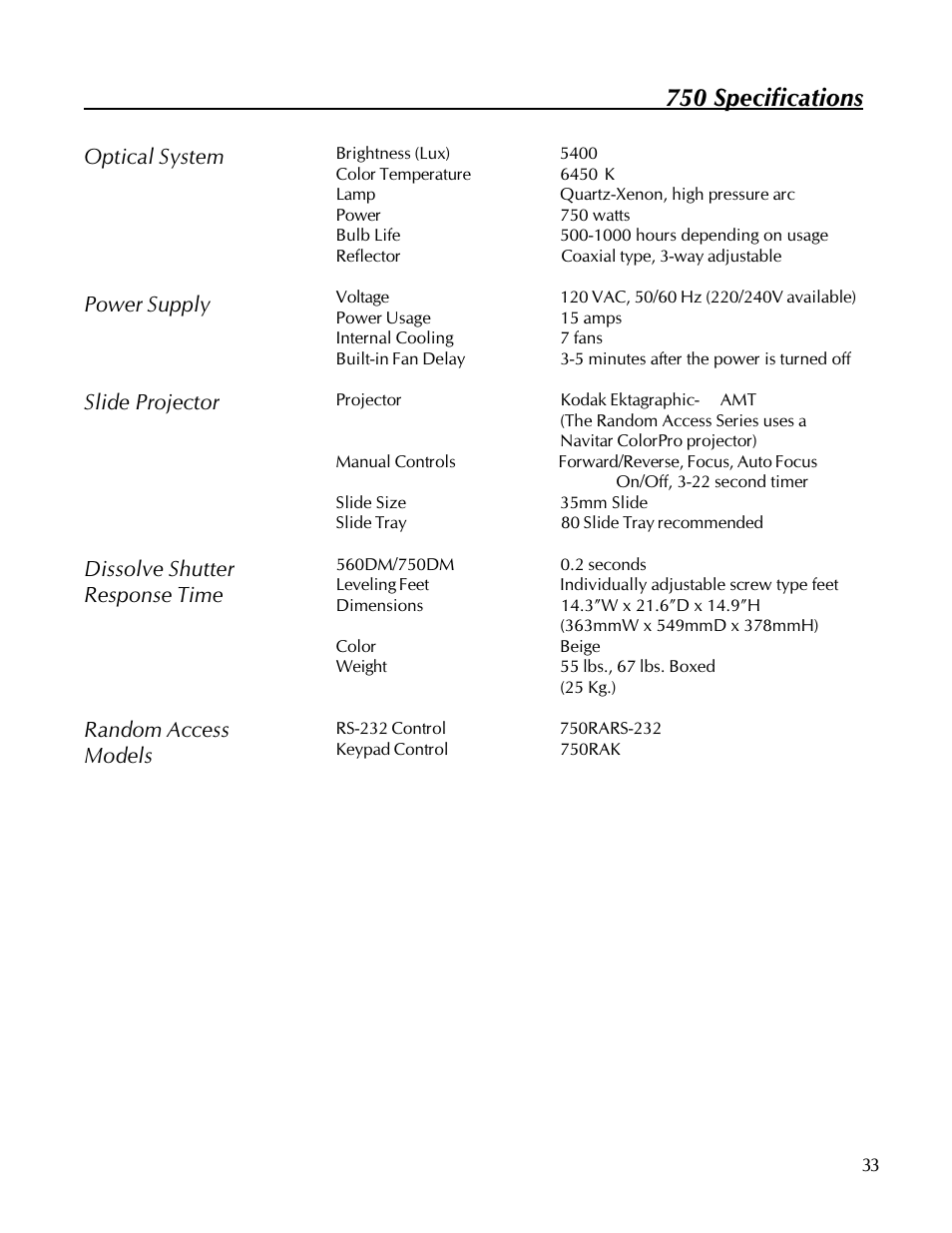 750 specifications | Kodak 560 User Manual | Page 35 / 42