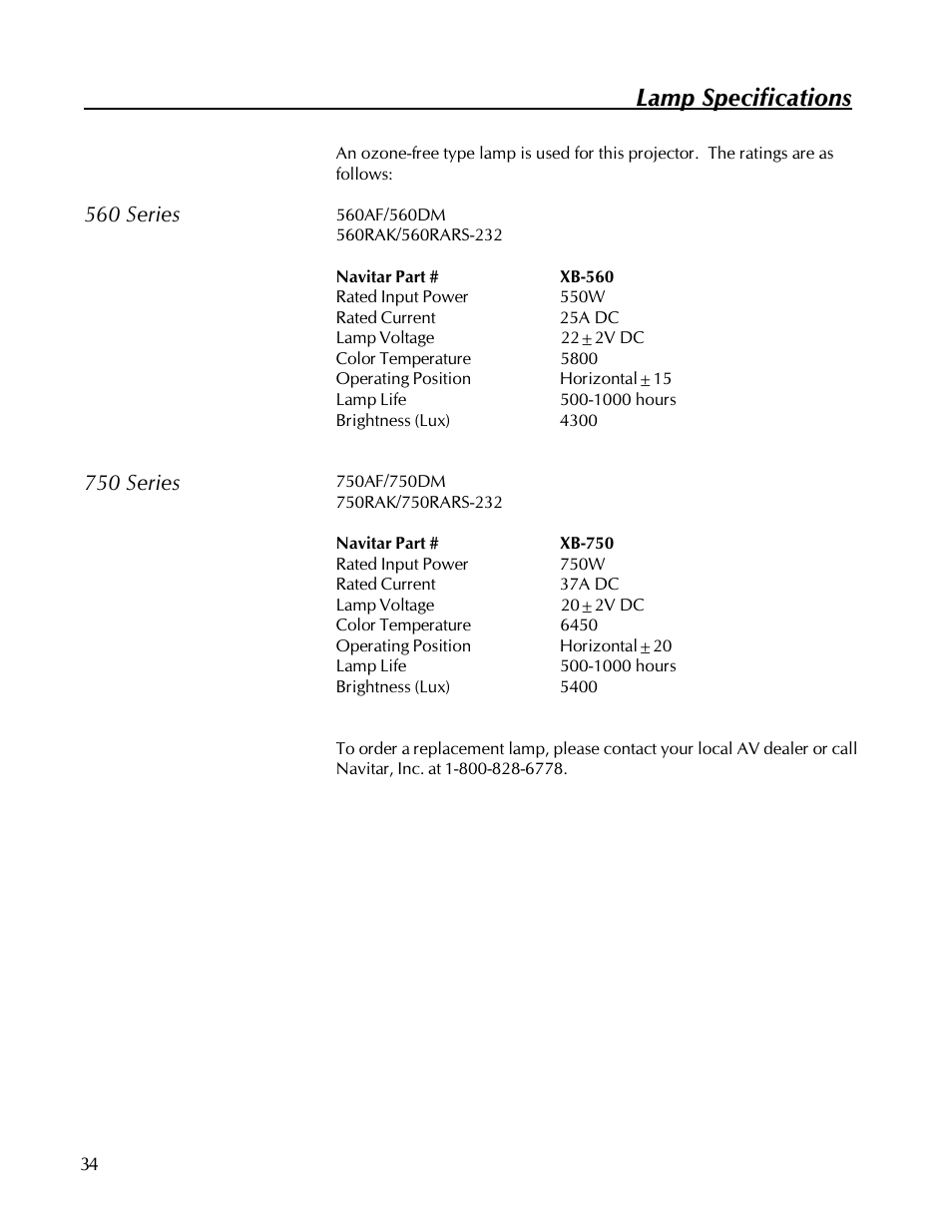 Lamp specifications | Kodak 560 User Manual | Page 36 / 42