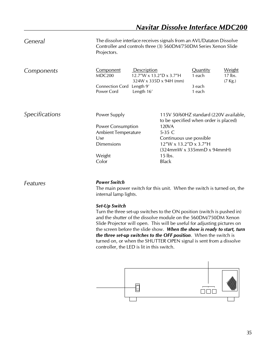 Navitar dissolve interface mdc200, General components specifications features | Kodak 560 User Manual | Page 37 / 42