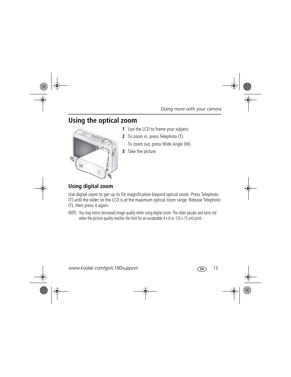 Using the optical zoom | Kodak c180 User Manual | Page 13 / 27