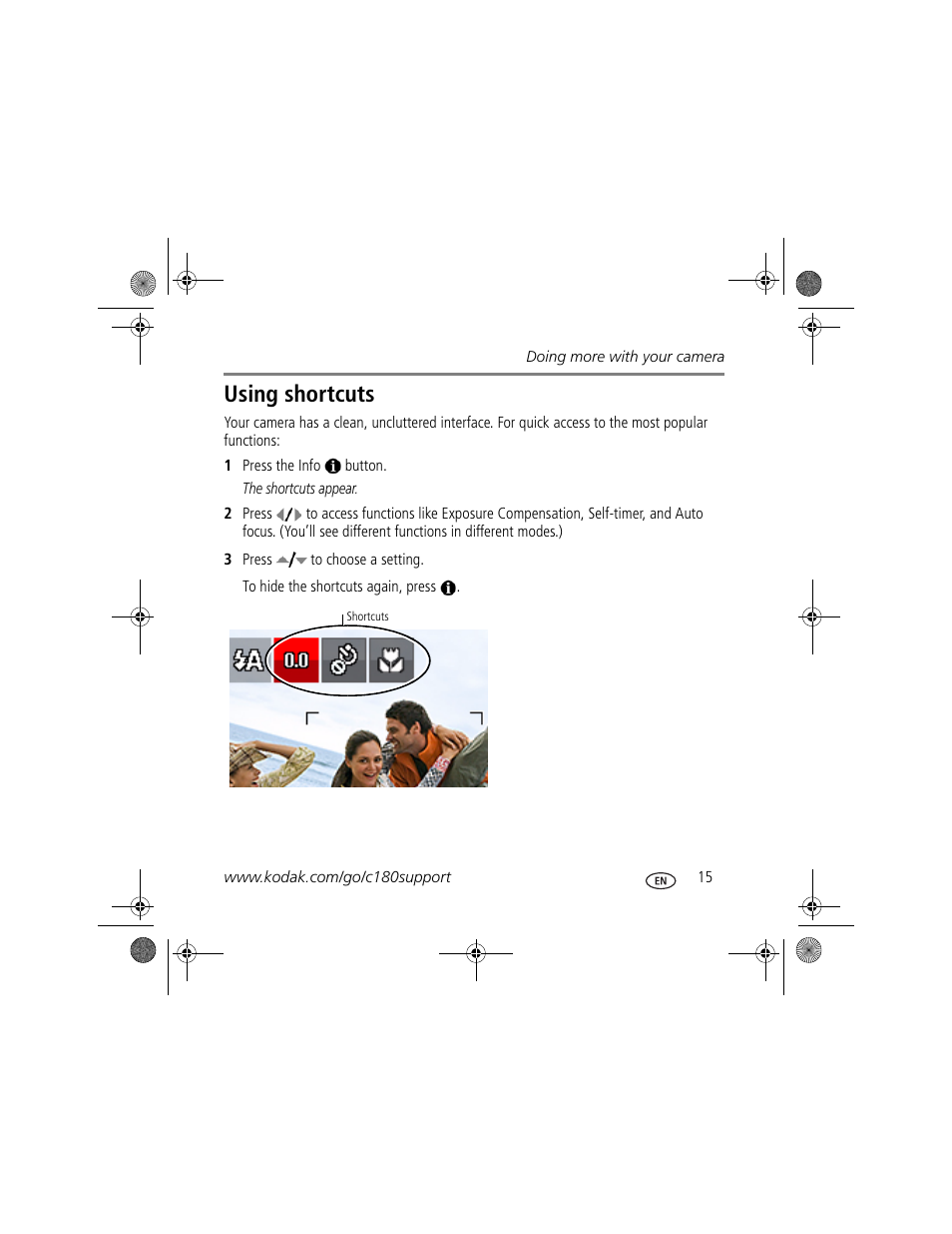 Using shortcuts | Kodak c180 User Manual | Page 15 / 27