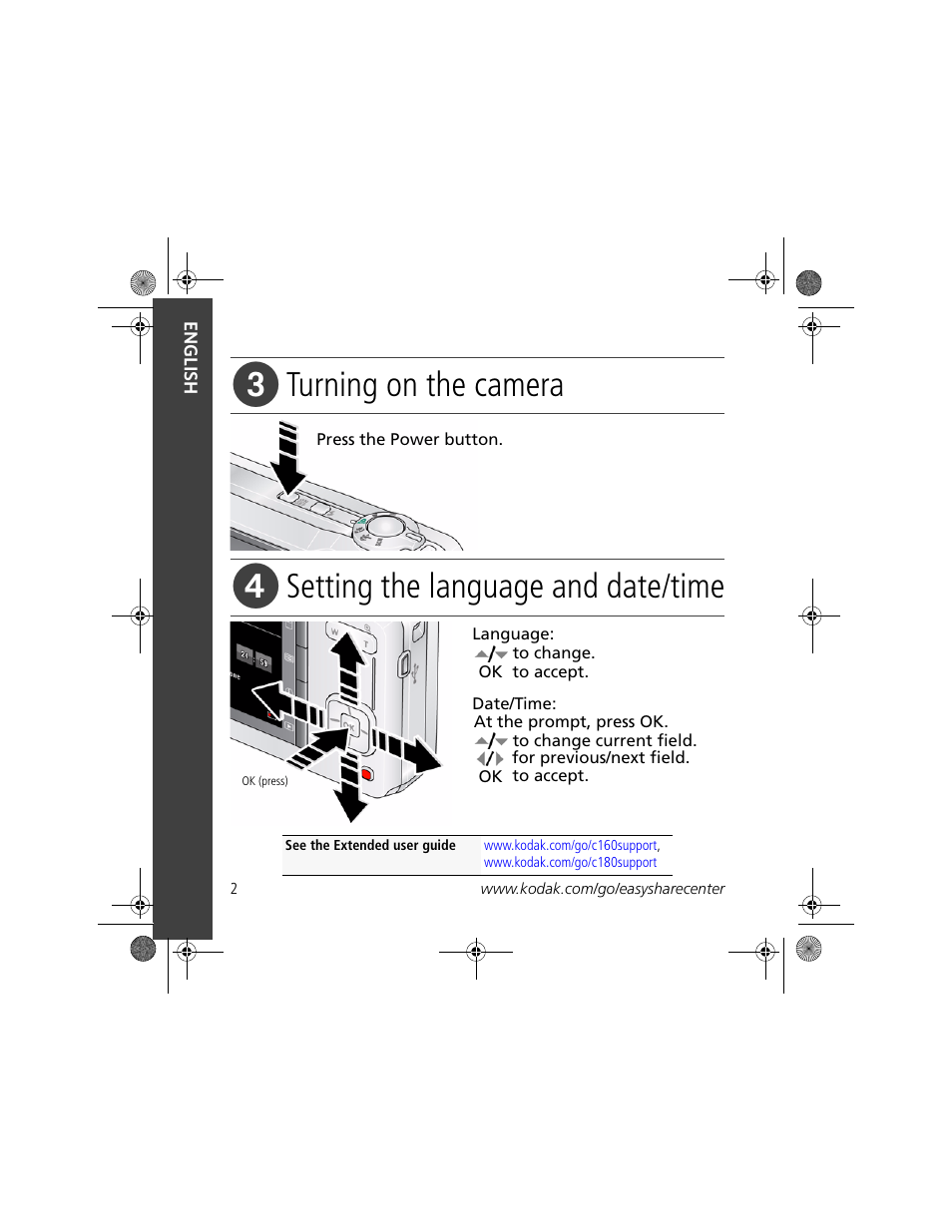 Turning on the camera, Setting the language and date/time | Kodak c180 User Manual | Page 2 / 27