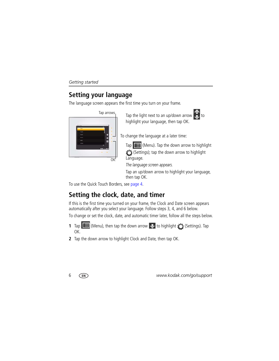 Setting your language, Setting the clock, date, and timer | Kodak D830 User Manual | Page 12 / 56