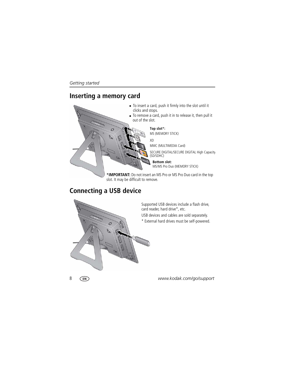 Inserting a memory card, Connecting a usb device, Inserting a memory card connecting a usb device | Kodak D830 User Manual | Page 14 / 56