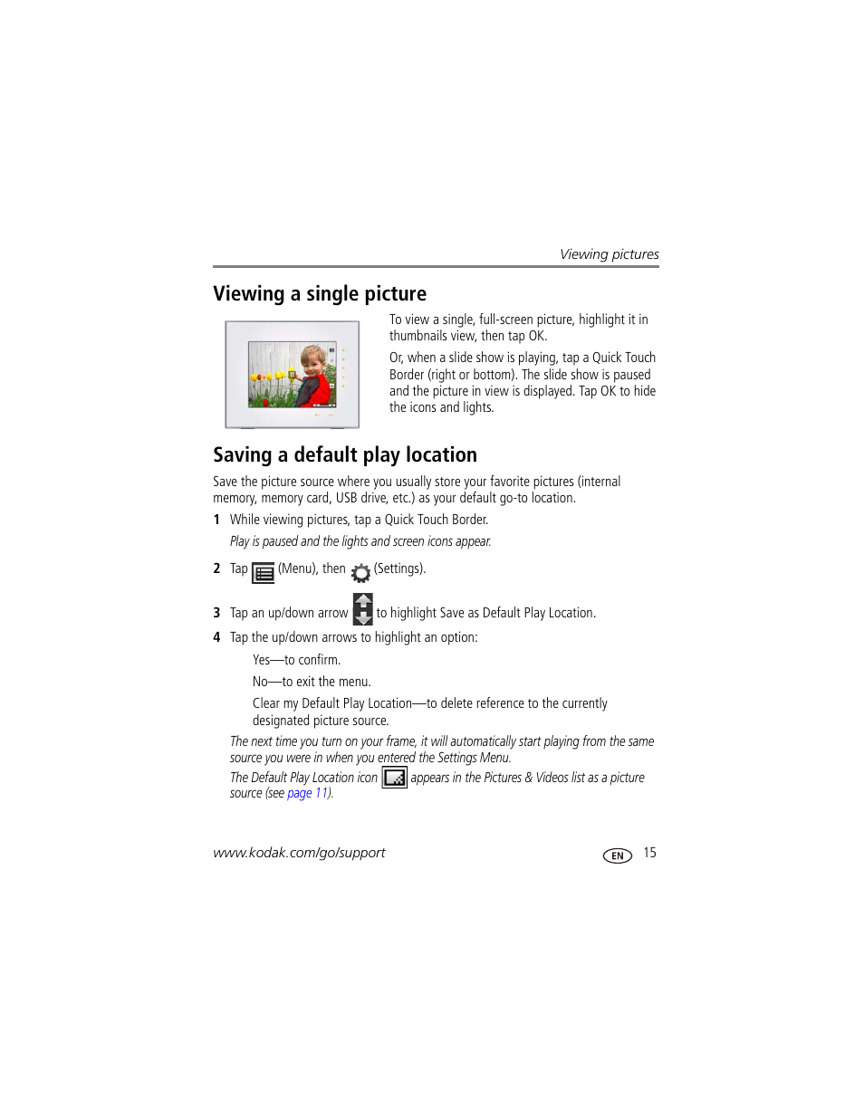 Viewing a single picture, Saving a default play location | Kodak D830 User Manual | Page 21 / 56