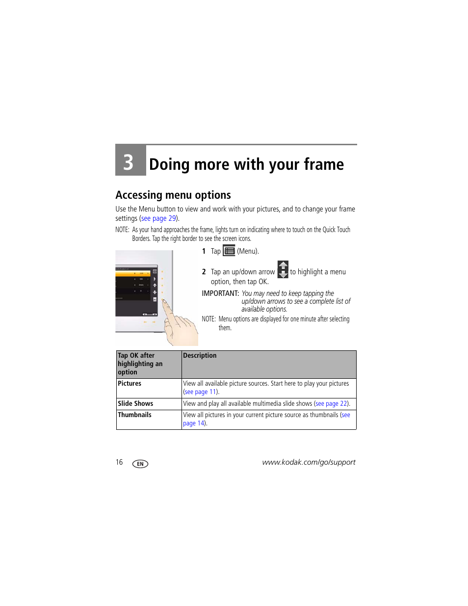 Doing more with your frame, Accessing menu options, 3 doing more with your frame | Kodak D830 User Manual | Page 22 / 56