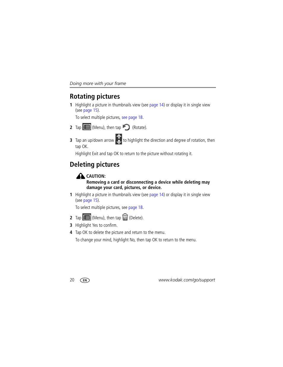 Rotating pictures, Deleting pictures, Rotating pictures deleting pictures | Kodak D830 User Manual | Page 26 / 56