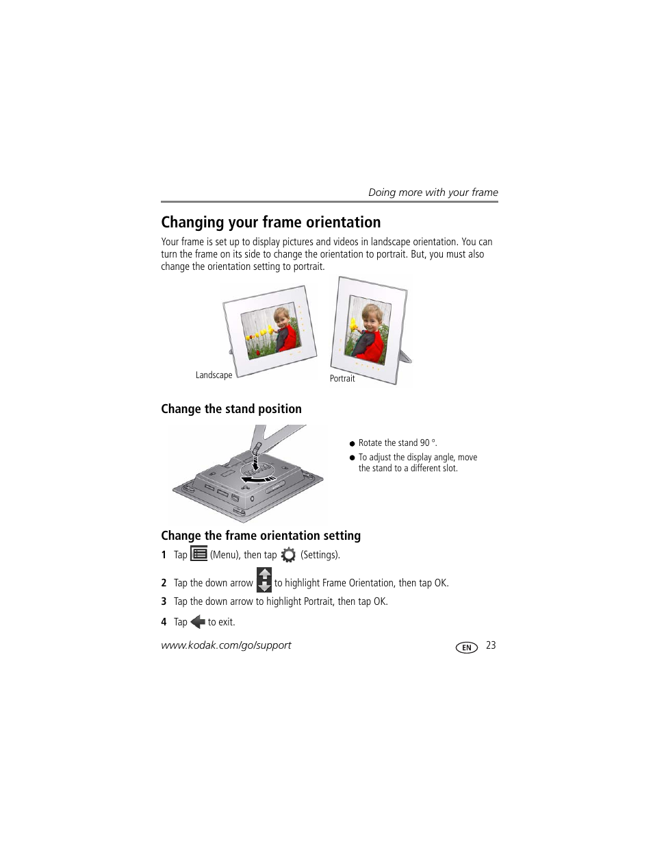 Changing your frame orientation, Change the stand position, Change the frame orientation setting | Kodak D830 User Manual | Page 29 / 56