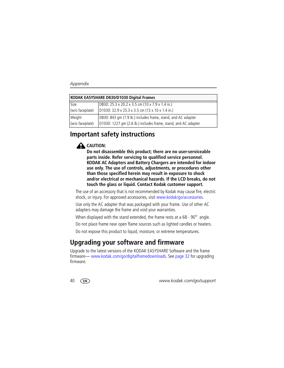 Important safety instructions, Upgrading your software and firmware | Kodak D830 User Manual | Page 46 / 56