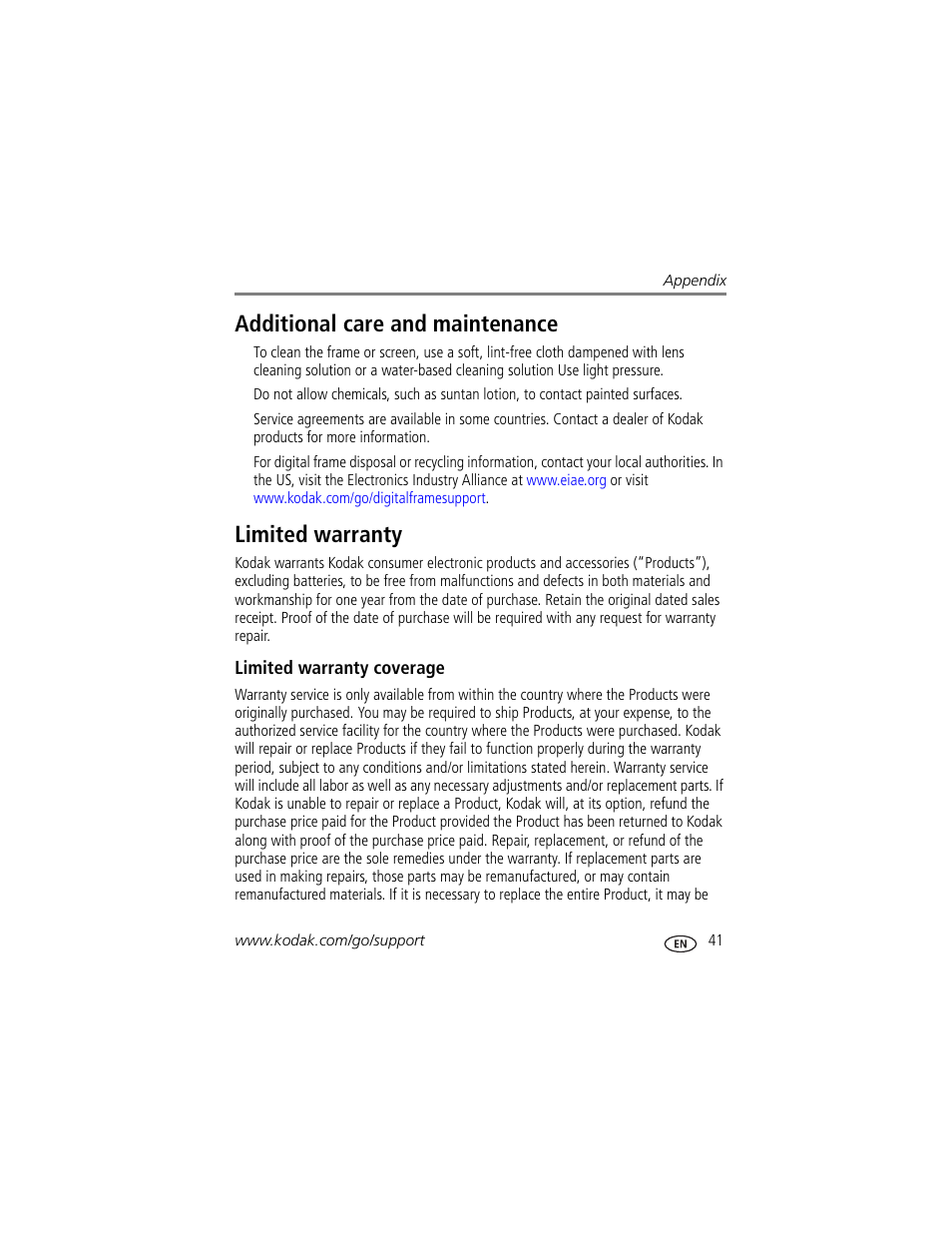 Additional care and maintenance, Limited warranty, Limited warranty coverage | Additional care and maintenance limited warranty | Kodak D830 User Manual | Page 47 / 56