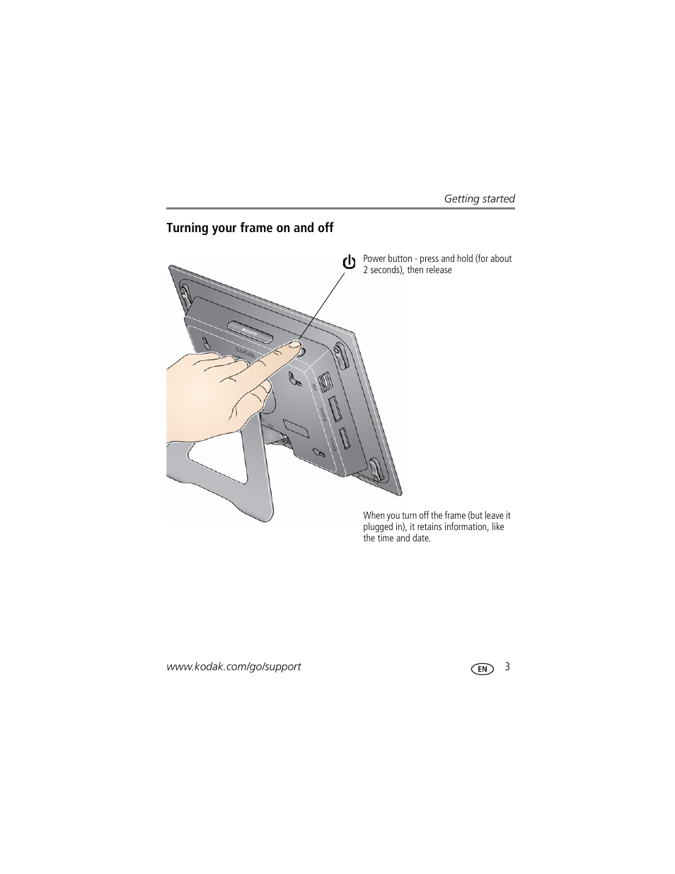 Turning your frame on and off | Kodak D830 User Manual | Page 9 / 56