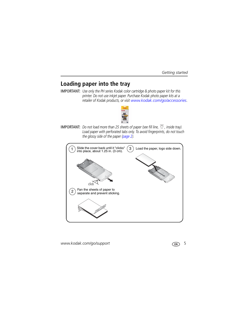 Loading paper into the tray | Kodak EasyShare 350 User Manual | Page 11 / 49