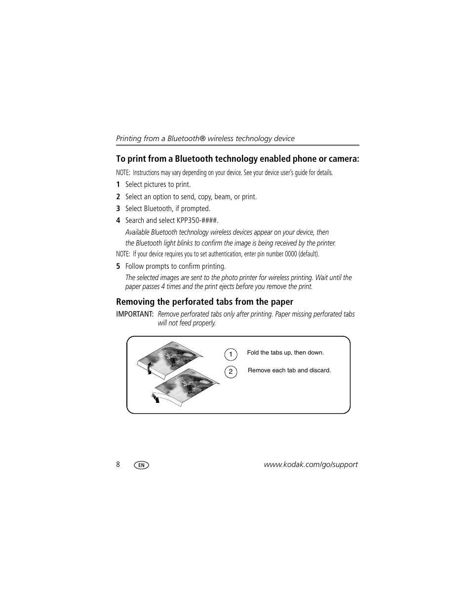 Removing the perforated tabs from the paper | Kodak EasyShare 350 User Manual | Page 14 / 49