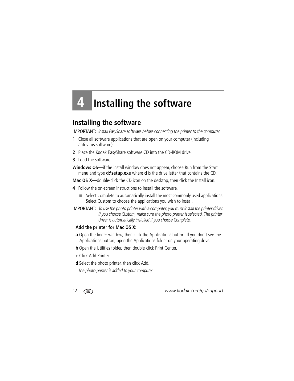 Installing the software, 4 installing the software | Kodak EasyShare 350 User Manual | Page 18 / 49