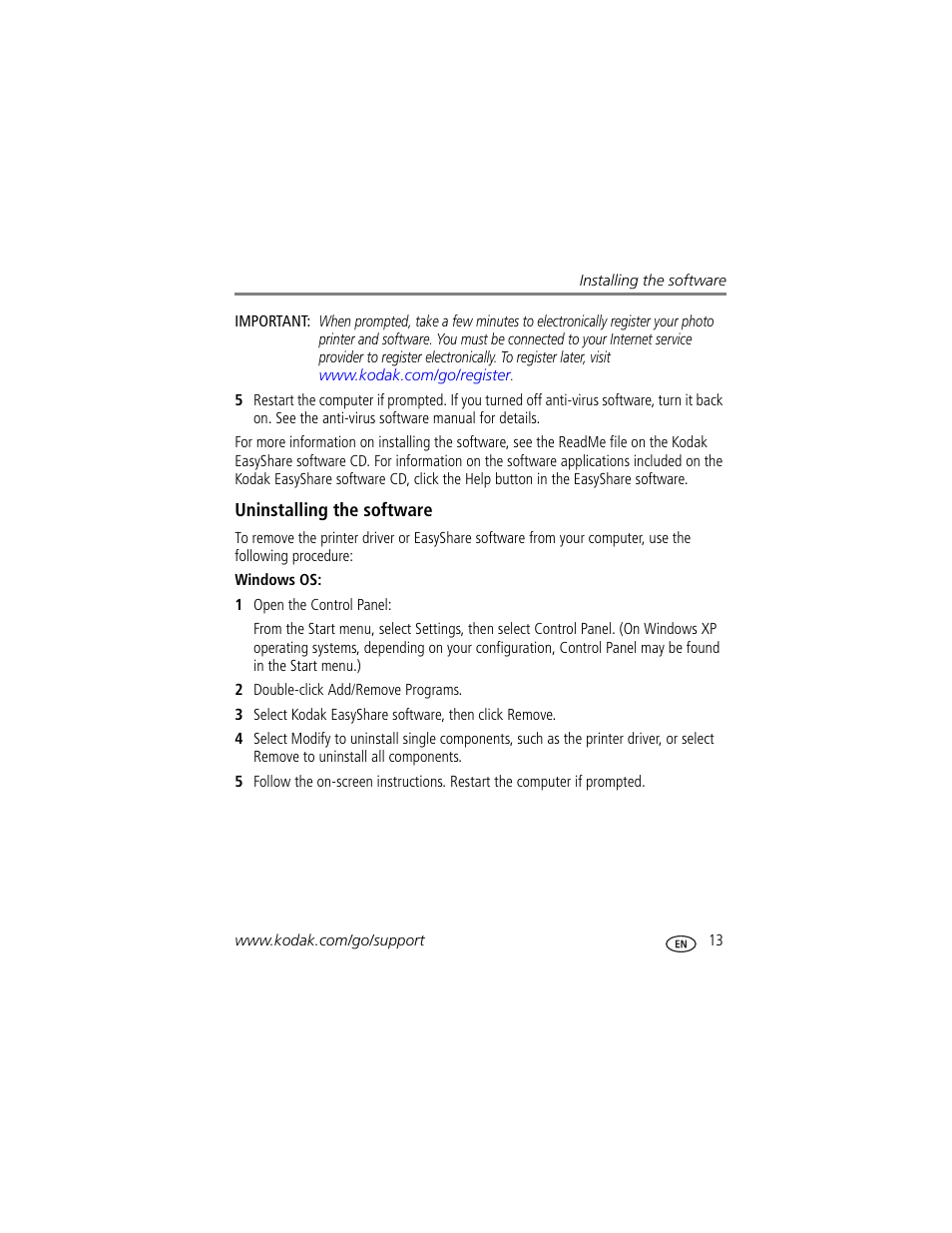 Uninstalling the software | Kodak EasyShare 350 User Manual | Page 19 / 49
